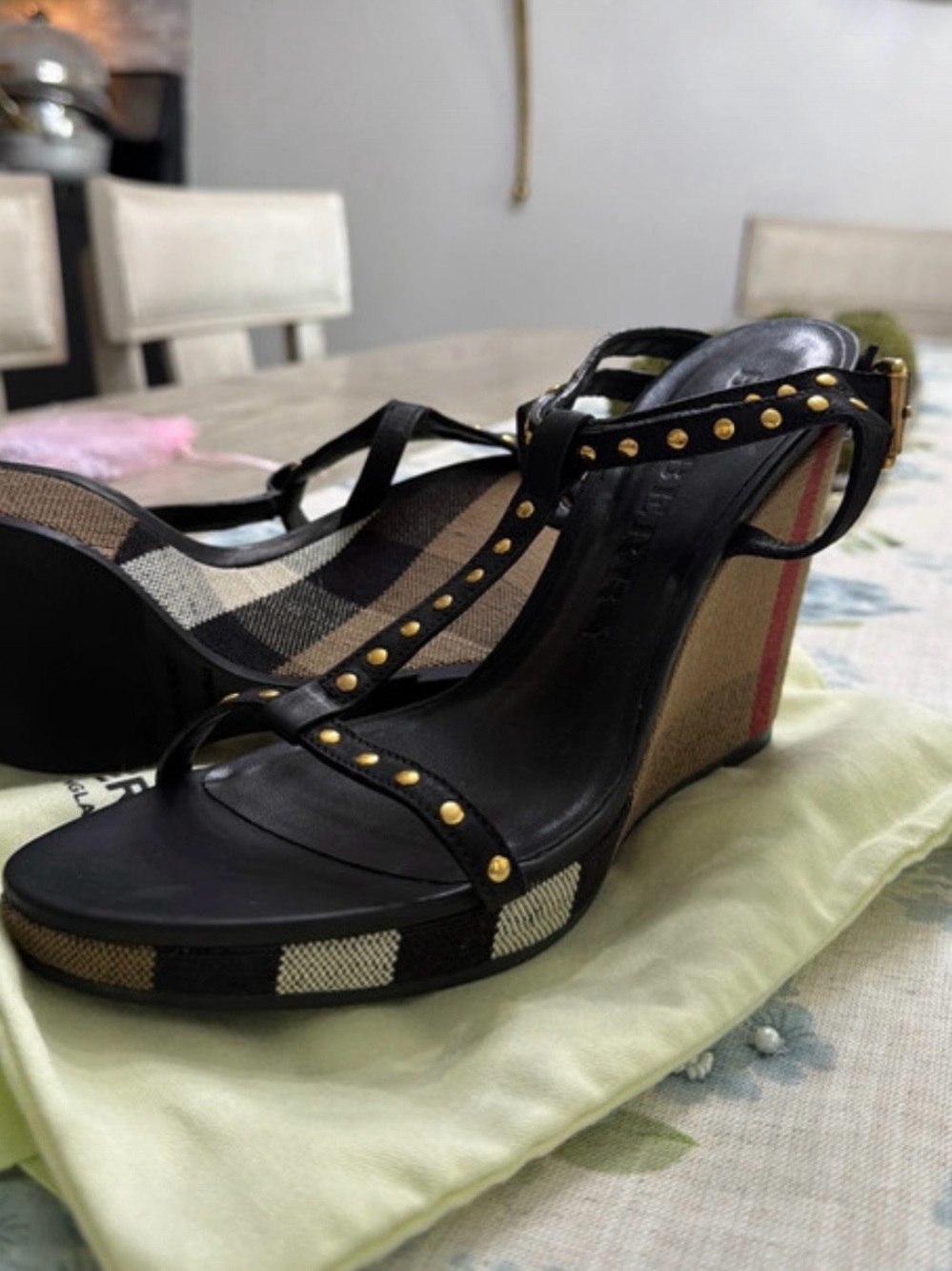 Burberry Black Leather Studded Check Wedge Sandals - Picture 4 of 4